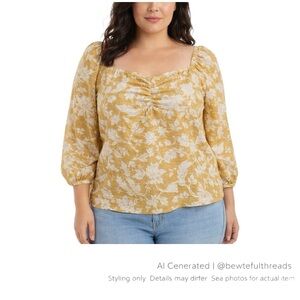 Linen Blend Peasant Blouse dark Mustard Floral Cottagecore Boho XL